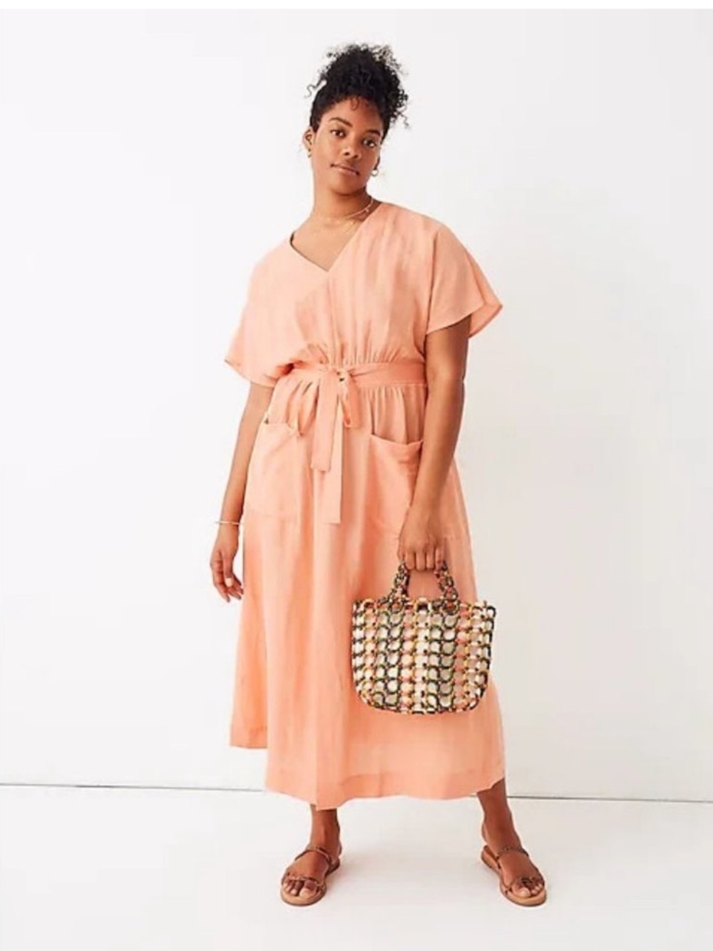 Madewell Peach Tie-Waist Flutter Sleeve Maxi Dress